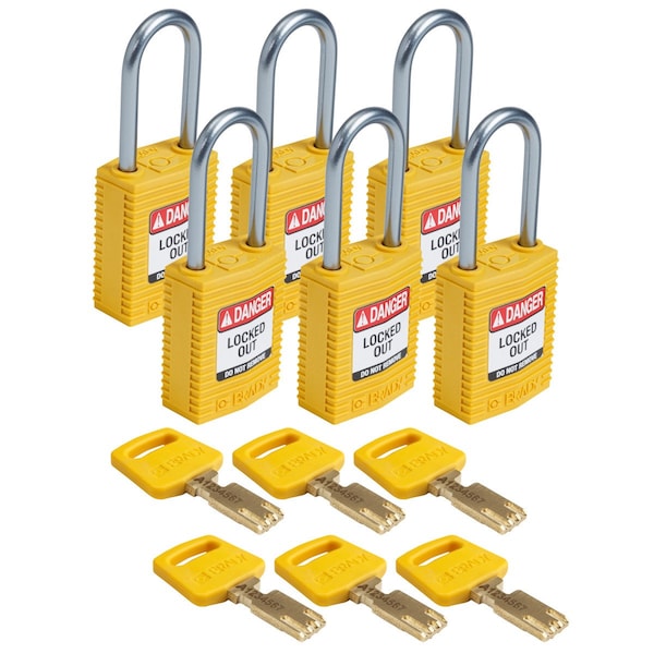 Padlock, Keyed Different, Nylon, Yellow, 6 PK